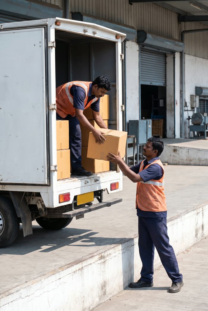Loading workers in safety vests unloading cartons from a truck