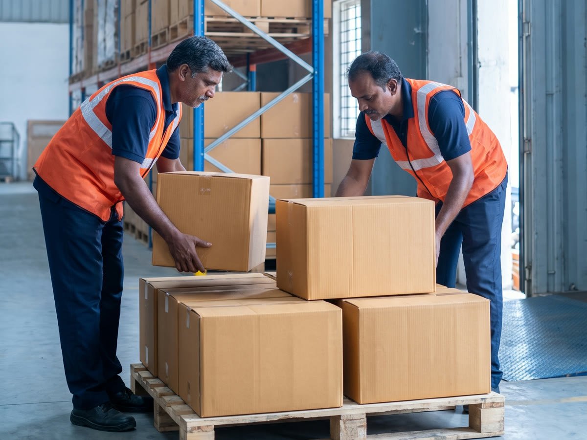 Two helpers in safety vests stacking cartons in a warehouse